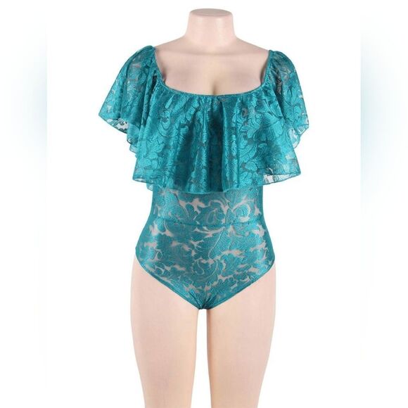 🆕 Women's Medium Over The Shoulder Blue Floral Lace Bodysuit with Ruffles - Picture 4 of 4